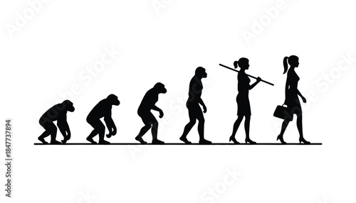 The evolution of humans from ape to modern woman is depicted in silhouette.