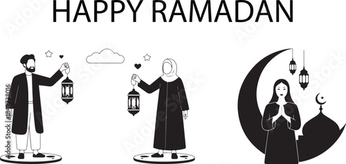 Joyful Ramadan festivities showing individuals holding lanterns and a crescent moon