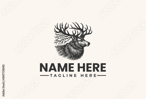 A monochromatic illustration of a deer head with large antlers and a leafy branch, accompanied by a placeholder text for a logo or brand name on a plain background.