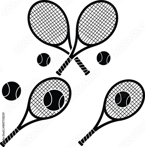 Black Tennis Racket and Ball Silhouettes Set, Crossed Racquets and Sport Balls for Court Game, Tournament, Match, and Athletic Competition Design