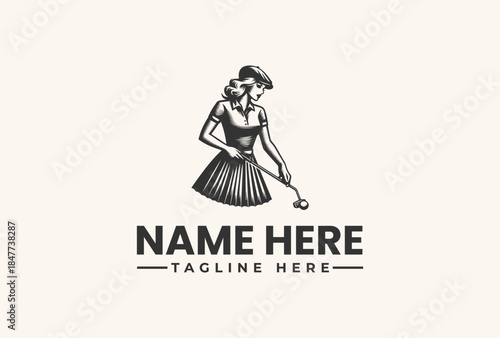Black and white vector illustration of a woman playing golf with a placeholder name and tagline on a clean background.