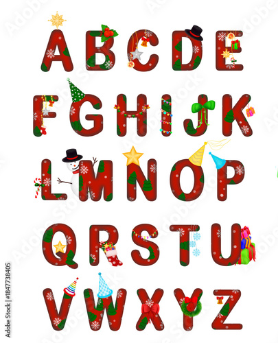 A set of red capital letters A to Z rounded edges with Christmas theme, snowflake and Christmas trees decorated by ribbon, snowman, party hats, ornaments, star, sugar cane, gift box, bell and sock.