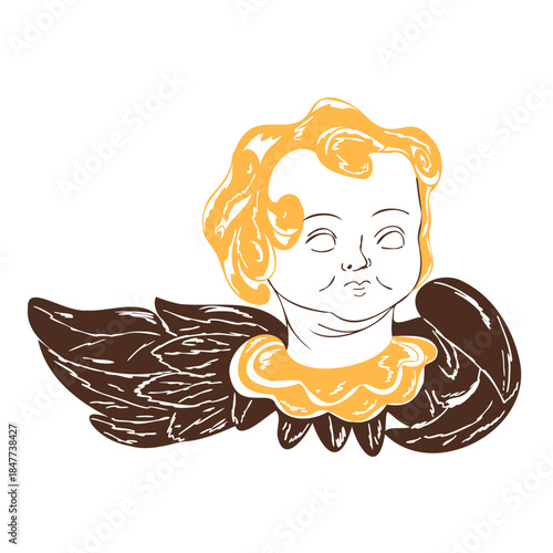 Vintage angel simple hand drawn style. Christmas cherub character with warm colors. Vector whimsical illustration for holiday cards, labels, packaging, stickers isolated on white