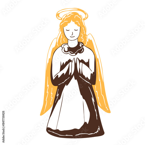 Christmas angel with halo and folded hands in simple hand drawn style. Vintage festive character with warm colors. Vector whimsical illustration for holiday cards, labels, packaging, stickers