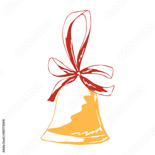 Christmas bell with a tied red bow in simple hand drawn style. Vintage festive art with warm colors. Vector whimsical illustration for holiday cards, labels, packaging, stickers