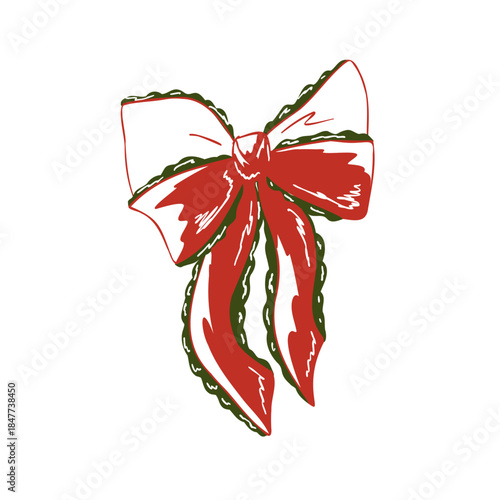 Christmas vintage bow in a simple hand drawn style. Festive retro red ribbon. Vector whimsical illustration for holiday cards, labels, packaging, stickers isolated on white