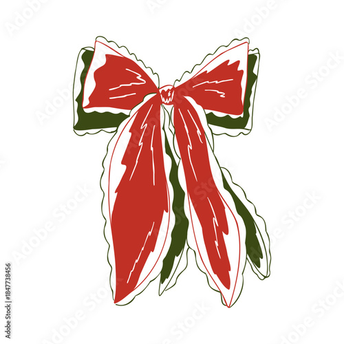 Christmas vintage bow in a simple hand drawn style. Festive retro red and green ribbon. Vector whimsical illustration for holiday cards, labels, packaging, stickers isolated on white