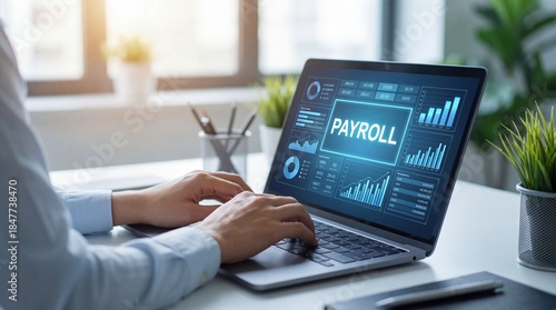 Business Professional Managing Payroll Data and Financial Reports on Laptop
