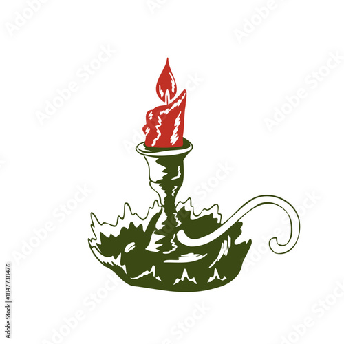 Vintage candleholder in a simple hand drawn style. Festive retro burning candle. Vector whimsical illustration for holiday cards, labels, packaging, stickers isolated on white