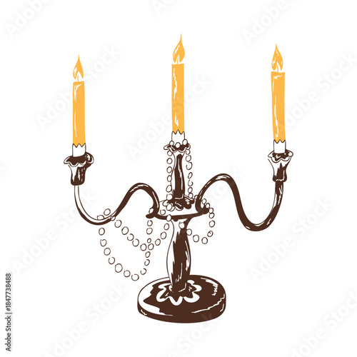 Vintage candleholder with three burning candles and decorative beads in nostalgic festive style. Vector hand drawn illustration for holiday cards, labels, packaging, stickers, Christmas design