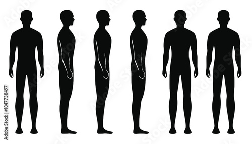 Silhouettes of a person show front, side, and back views.