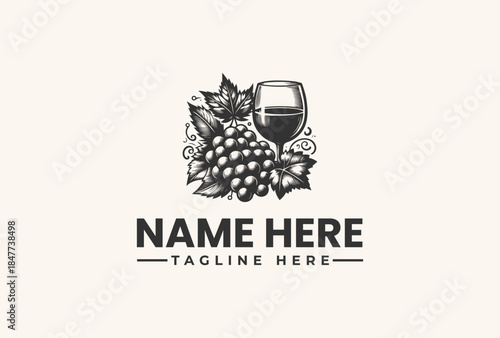 A logo design featuring a wine glass and grapes with leaves on a clean white background, perfect for a winery or vineyard brand identity.