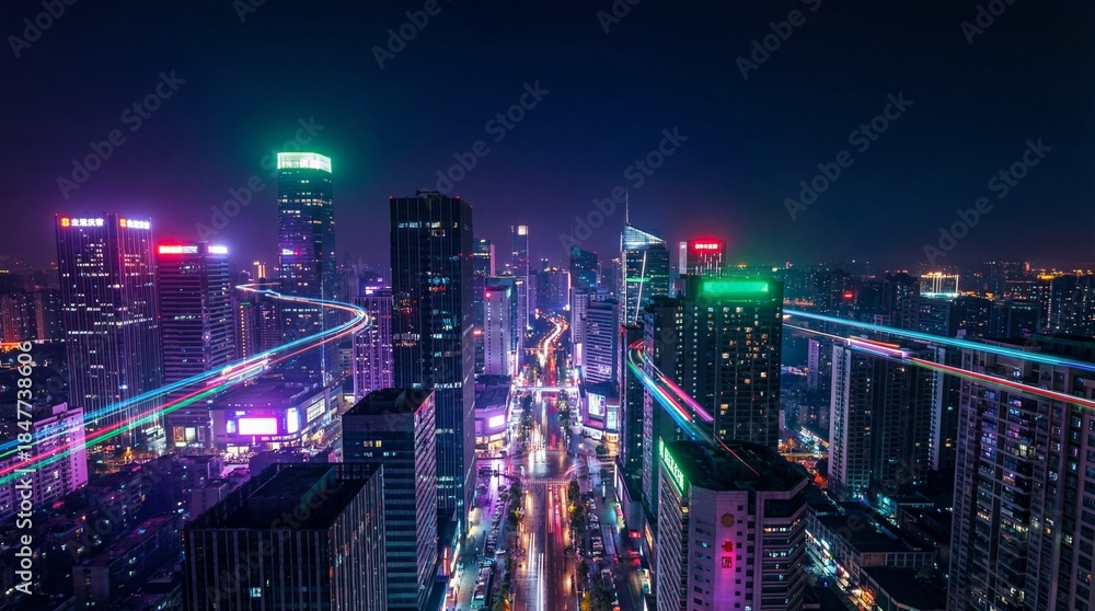 Fototapeta premium Vibrant Cityscape at Night with Futuristic Neon Lights and Dynamic Light Trails
