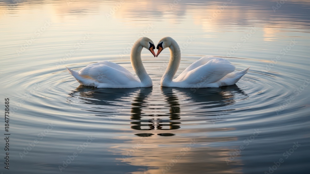 Fototapeta premium Two swans forming heart shape on serene lake at sunset with reflections