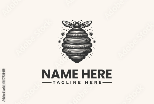 A black and white illustration of a bee logo with a honeycomb design and placeholder text on a beige background.