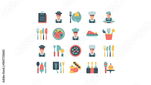 Collection of icons representing various professions, tools, and activities related to cooking, education, and services