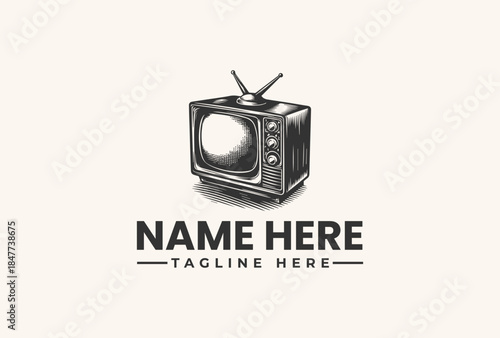 A grayscale vector illustration of a vintage television with antennae and a placeholder name and tagline on a plain background.