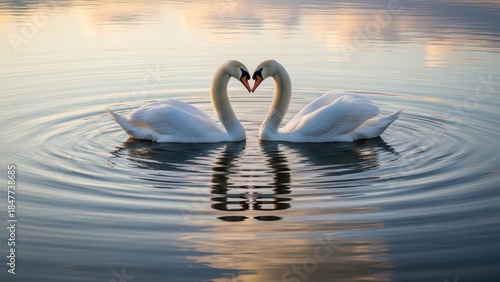 Fototapeta Naklejka Na Ścianę i Meble -  Two swans forming heart shape on serene lake at sunset with reflections