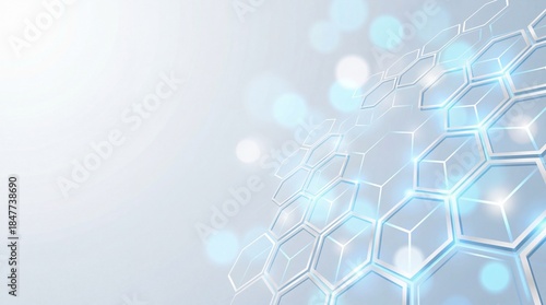 Abstract Technology Background with Glowing Blue Hexagonal Grid and Bokeh Lights