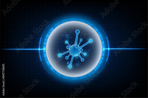 Futuristic virus illustration inside glowing digital circle, representing biotechnology, virus detection, healthcare and advanced medical technology