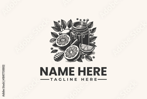 Black and white vector illustration of a logo with citrus fruits, leaves, and a jar on a clean background, with space for a name and tagline.