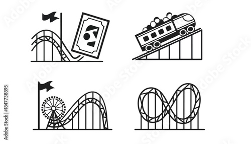 Illustrations of roller coasters and amusement park rides are shown.