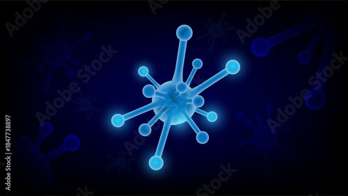 Abstract 3D blue virus-like structure glowing on dark background, representing microbiology, infection and digital health concept