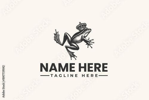 Black and white illustration of a frog logo with placeholder text on a beige background, vector graphic design element.