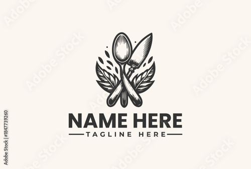 A vector illustration of a logo featuring crossed spoon and fork with wings on a beige background, with space for a business name and tagline.