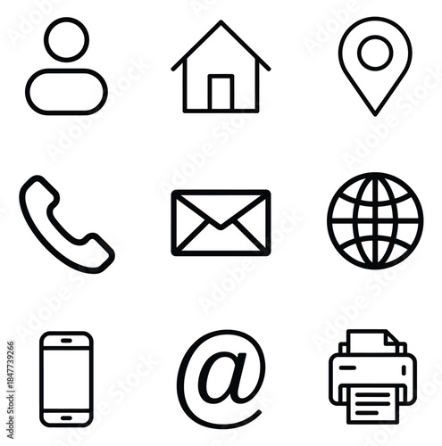 Contact Information Line Icon Set with Name, Phone, Mobile, Email, Address, Location, Map Pin, Website, and Fax Outline Vector Icons