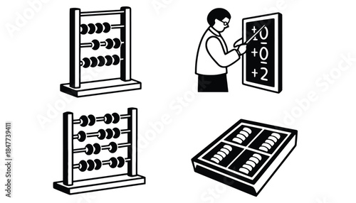 A teacher instructs students using an abacus and a blackboard.
