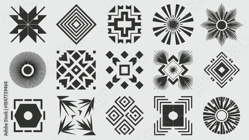 Collection of intricate black and white geometric patterns and designs with symmetrical shapes and lines