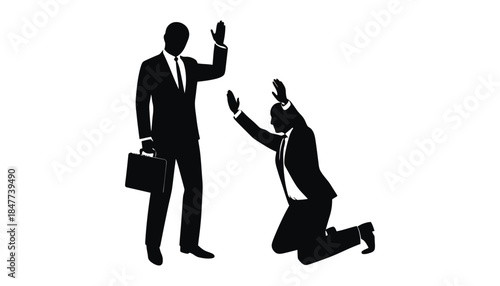 One businessman stands over another who is kneeling and begging.
