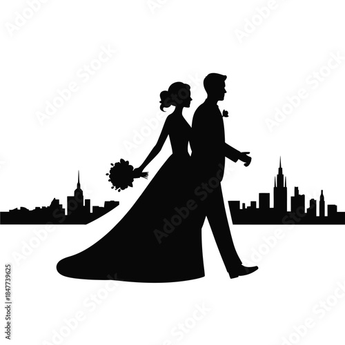 Silhouetted wedding couple embracing against a cityscape backdrop