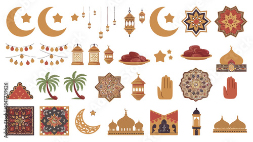 Vintage middle eastern decorative elements including crescent moons, lanterns, stars, and geometric patterns on