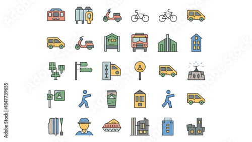 Collection of various transportation and urban infrastructure icons including buses, bicycles, traffic lights, and buildings