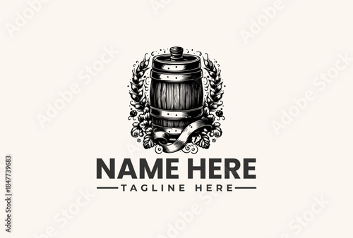 Black and white illustration of a beer barrel logo with ornate designs and placeholder text on a beige background.