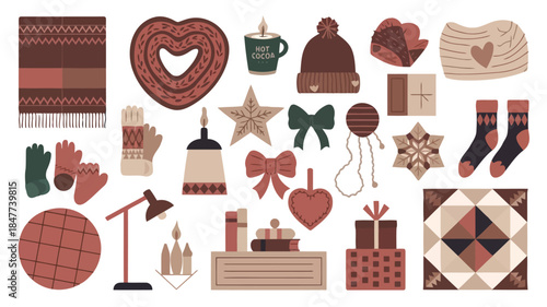 Winter holiday items including scarves, mittens, socks, and festive decorations arranged on a flat lay