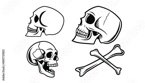 Four stylized skulls and crossbones illustrations on a white background.