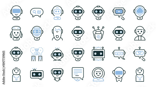 Collection of diverse cartoon robots with various expressions and activities, illustrated in a simple and friendly style