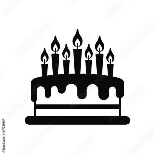 A black and white illustration of a birthday cake with lit candles