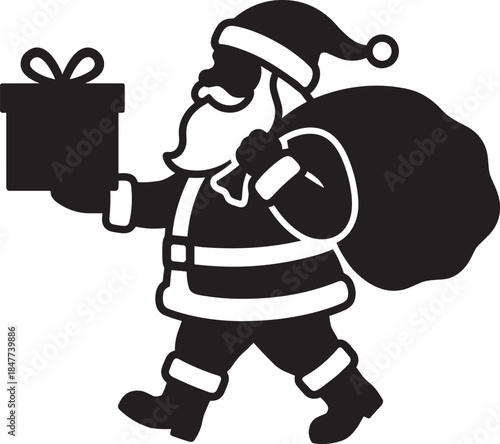 Black silhouette of Santa Claus carrying a gift box and Christmas sack, walking isolated on white background, festive holiday vector graphic illustration.