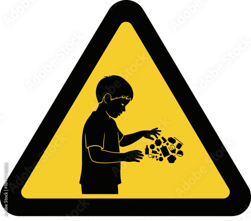Warning sign depicting child littering in cautionary design