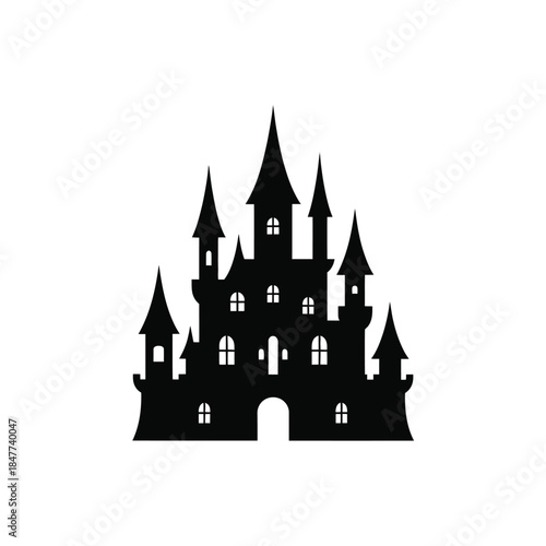A striking silhouette of a dark gothic castle with multiple towers