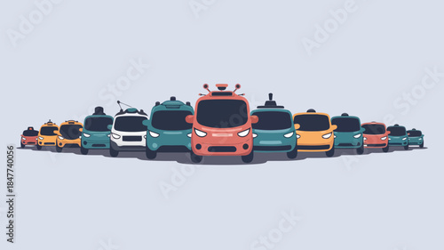 A collection of various colorful cars lined up in a row, isolated on