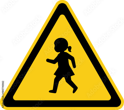 Caution sign featuring child walking in cautionary design