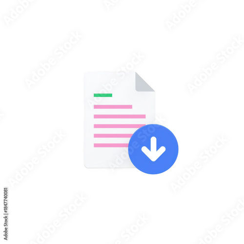 Document with pink lines and blue download button isolated on a transparent background blue button