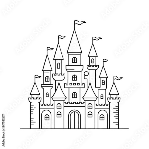A detailed line drawing of a fairytale castle with many towers
