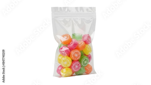 Fotografie Colorful fruit hard candies in clear plastic bag isolated PNG, sweet treat for p