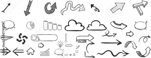 A collection of various black and white line icons and symbols